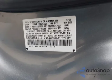 2005 Honda Odyssey Ex from USA, damaged, VIN 5FNRL38475B063421